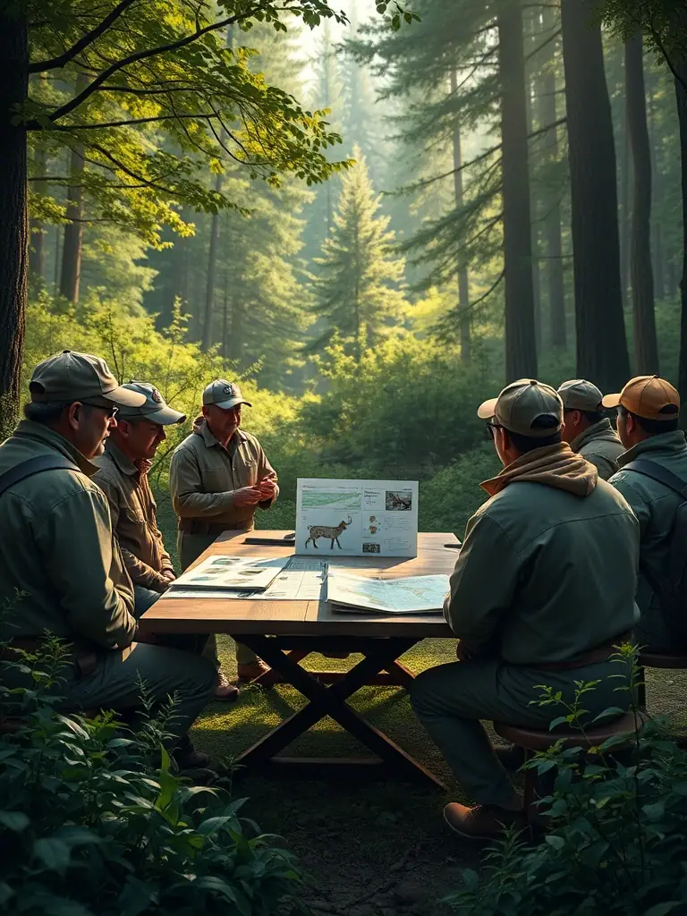 A photo of a workshop on sustainable hunting practices, with participants learning about ethical hunting techniques and conservation.