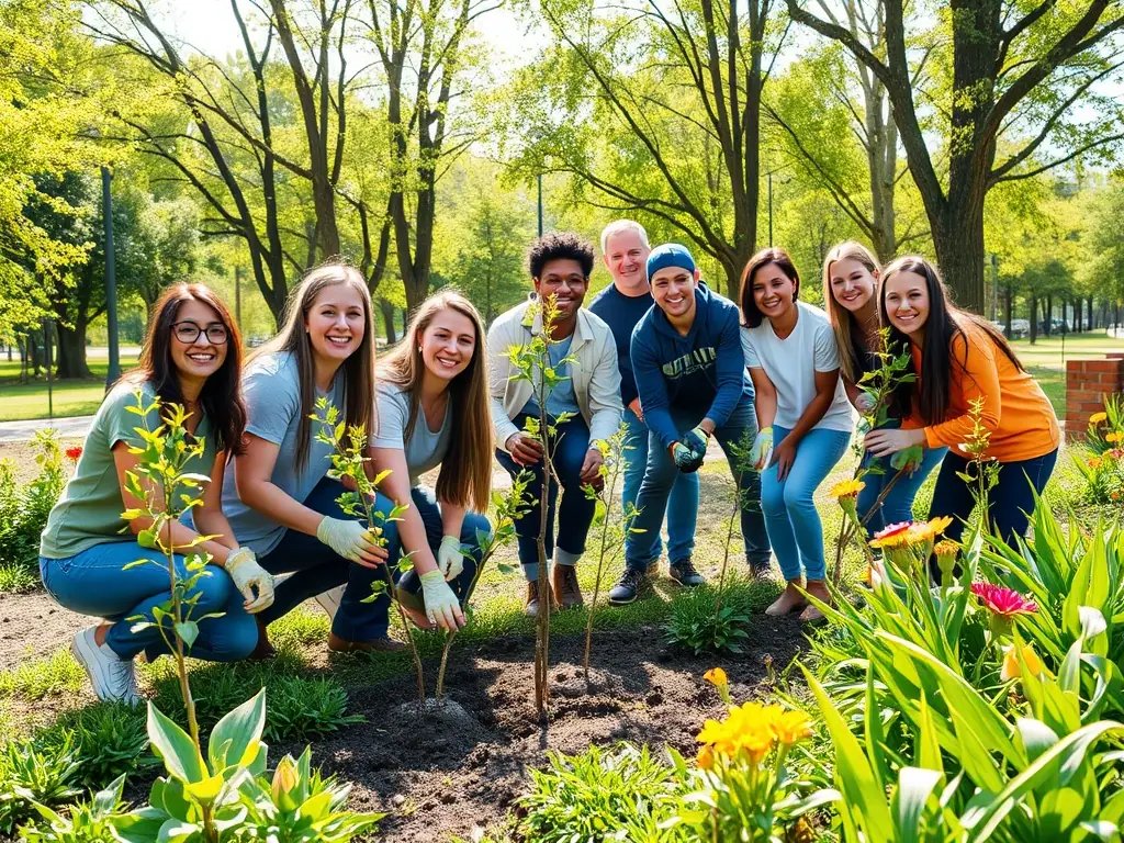 Volunteers planting trees in a deforested area, working together to restore the natural habitat. The image should convey community involvement and environmental stewardship.