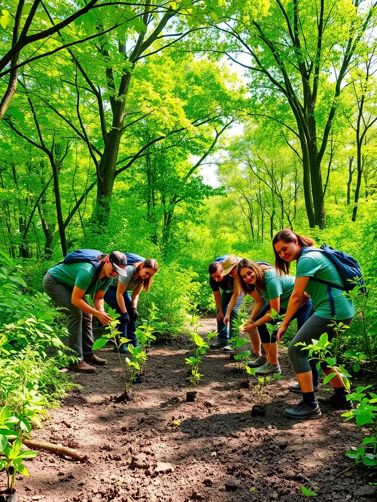 Image of a habitat restoration project in Plévin, with volunteers planting native trees and shrubs to enhance biodiversity.