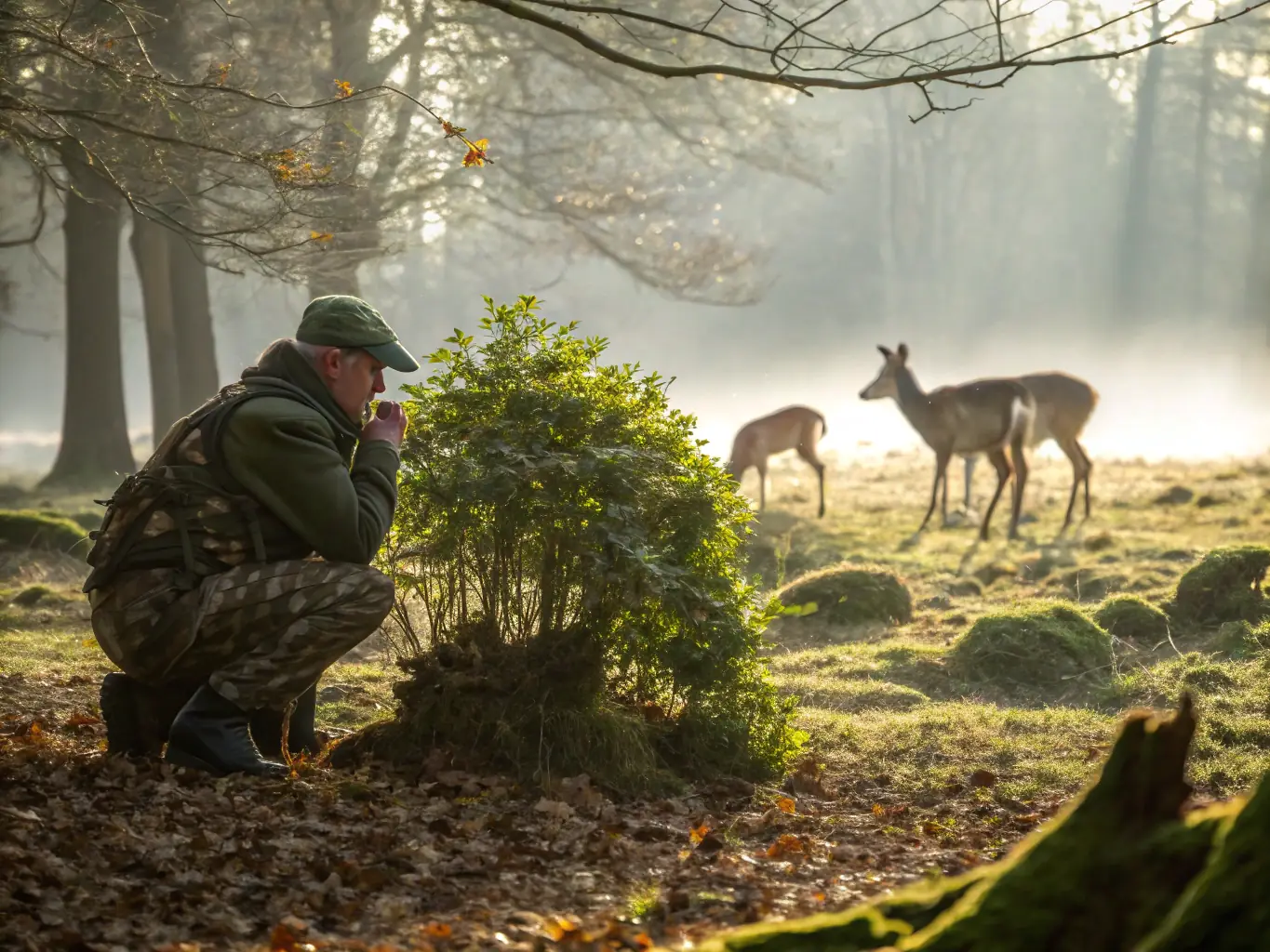 A wildlife biologist monitoring a deer population in its natural habitat, using binoculars and recording data. The image should highlight the importance of wildlife management and conservation.