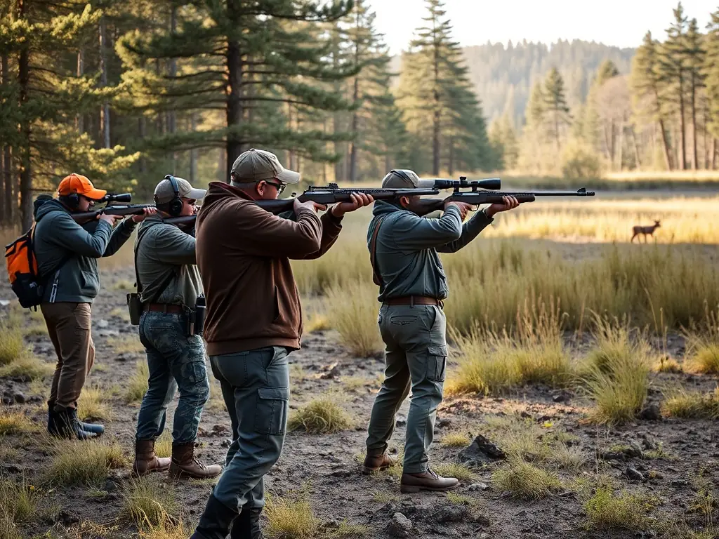 A group of hunters participating in a controlled hunt in a forest, wearing safety gear and following ethical hunting practices. The image should convey responsible hunting and conservation.